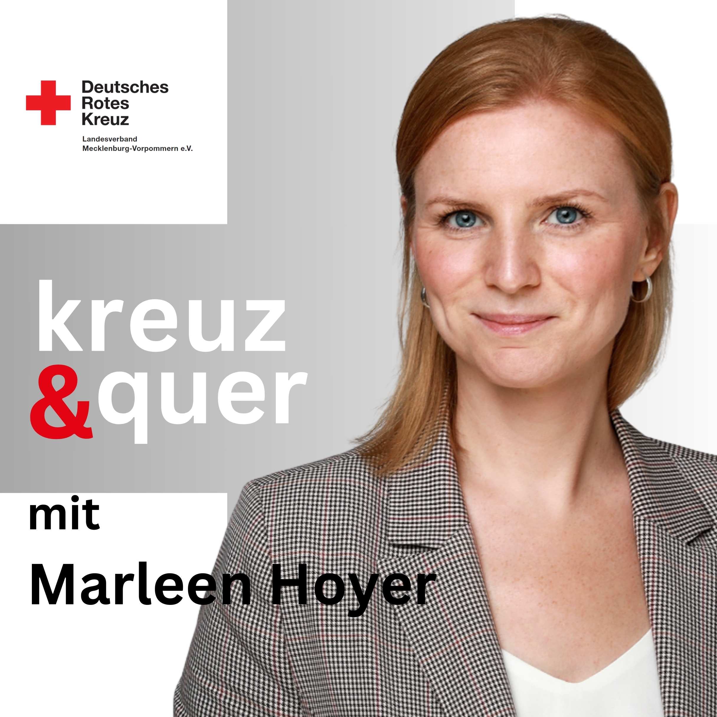 Porträt einer Frau vor „kreuz & quer“ Text, Logo des Deutschen Roten Kreuzes oben links.
