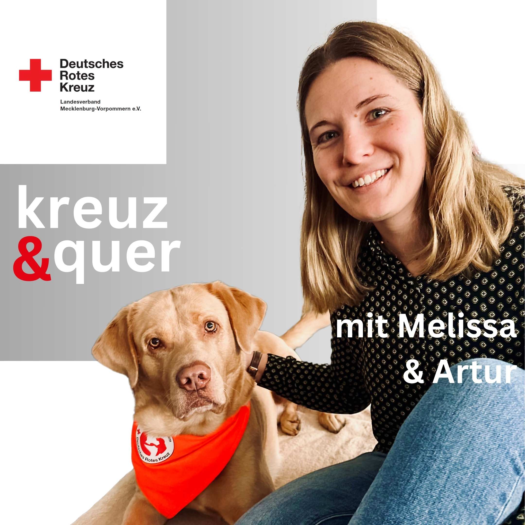 Frau lächelt neben einem Hund mit rotem Halstuch. Logo des Deutschen Roten Kreuzes links oben. Text: "kreuz & quer".