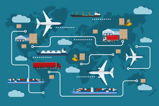 Weltkarte mit Flugzeugen, Schiffen, LKWs und Gabelstaplern, die Waren und Pakete transportieren, symbolisiert globale Lieferketten