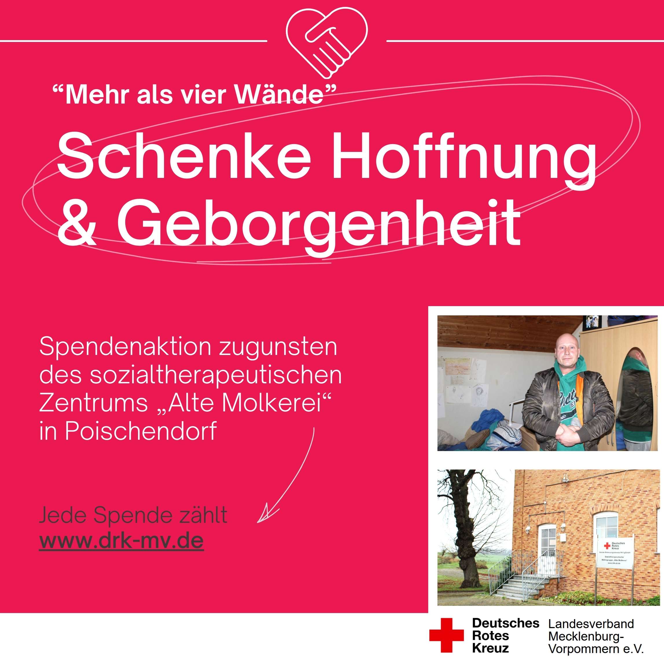 Spendenaktion zugunsten "Alte Molkerei" in Poischendorf; Rotes Kreuz Logo, Bild einer Person drinnen, Gebäude außen.