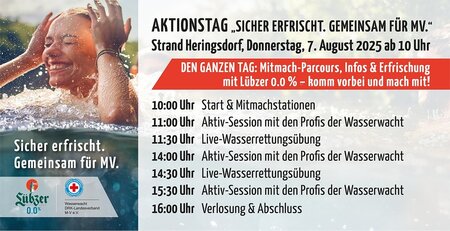 Frau im Wasser lachend, Aktionstag am Strand Heringsdorf, 7. August 2025, inklusive Rettungsübungen und Verlosung.