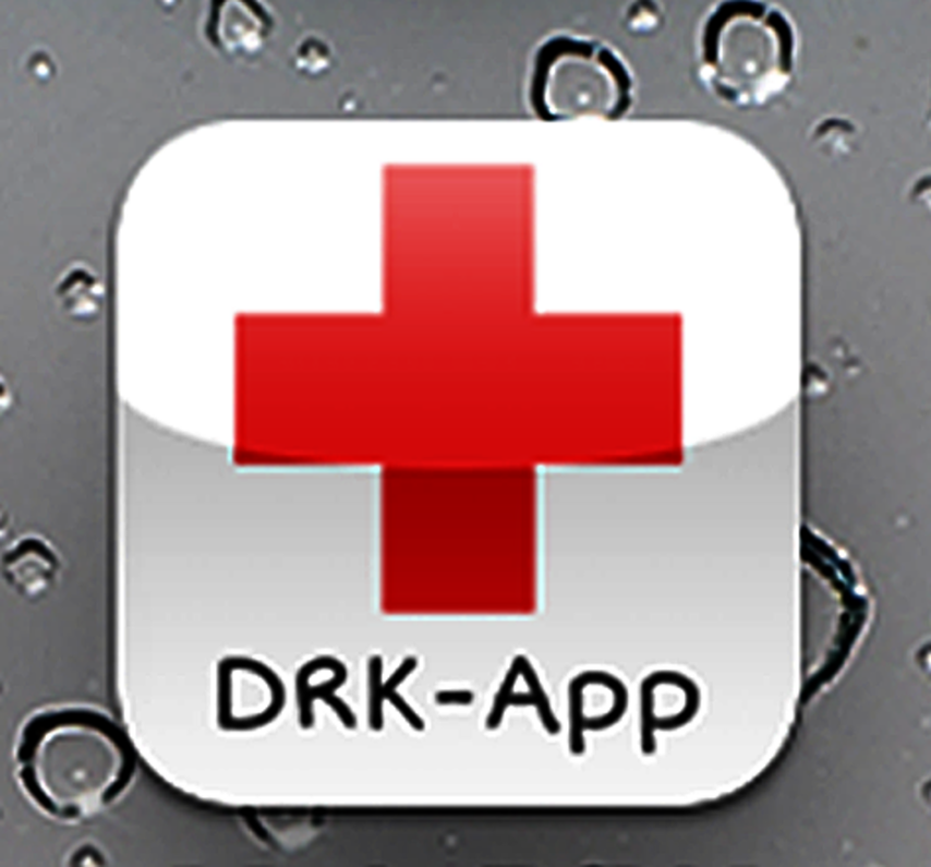 Rotes Kreuz über dem Text 'DRK-App', App-Logo des Deutschen Roten Kreuzes